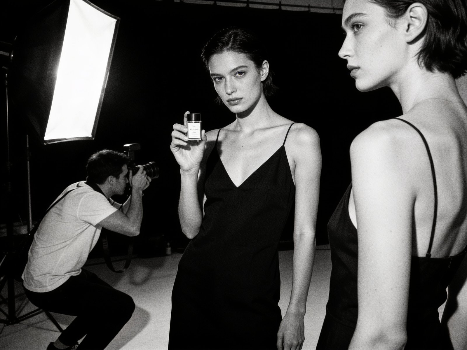 A brand slot in progress — model holding product, photographer shooting