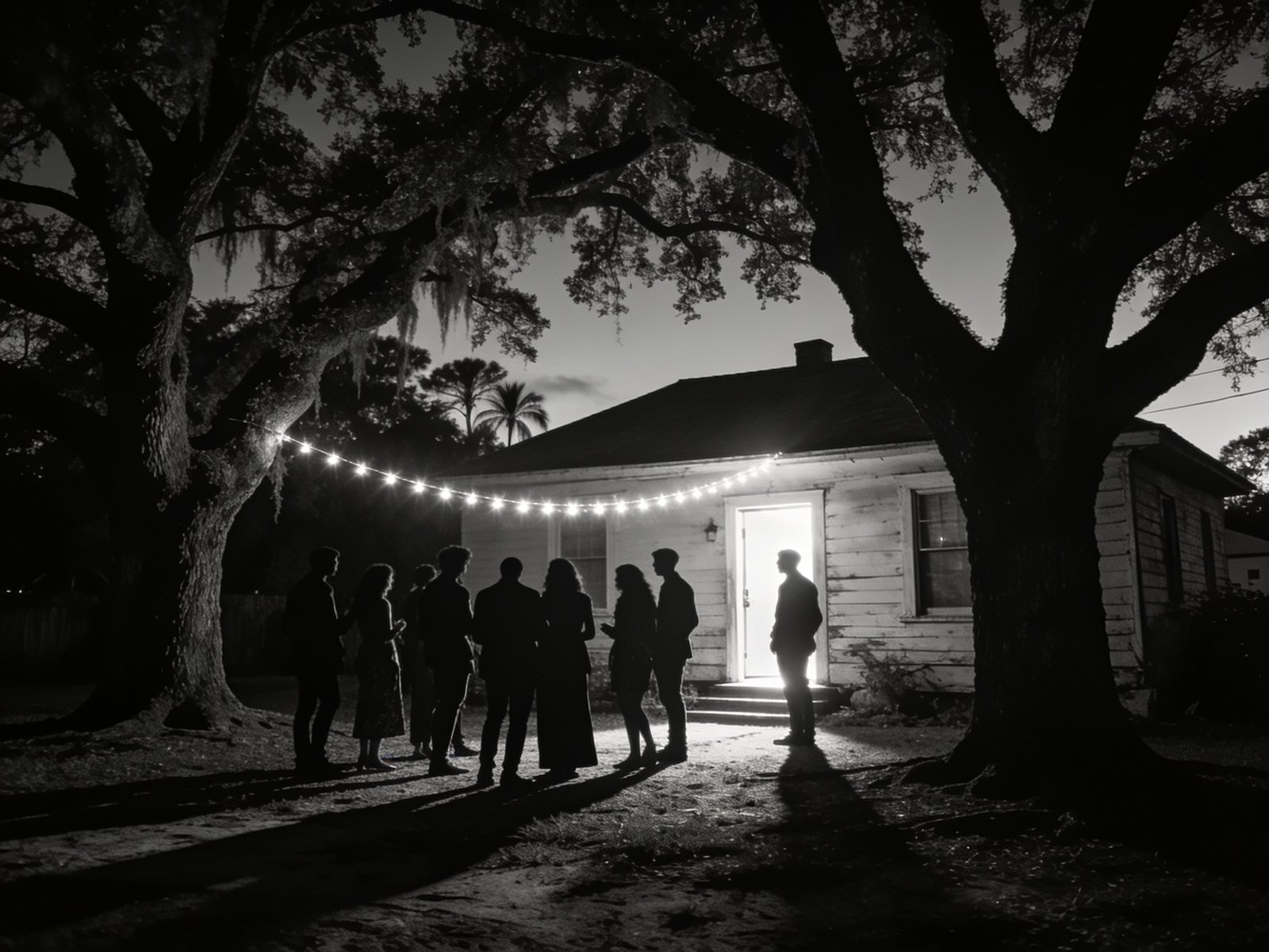 Crowd gathered under oak trees at dusk