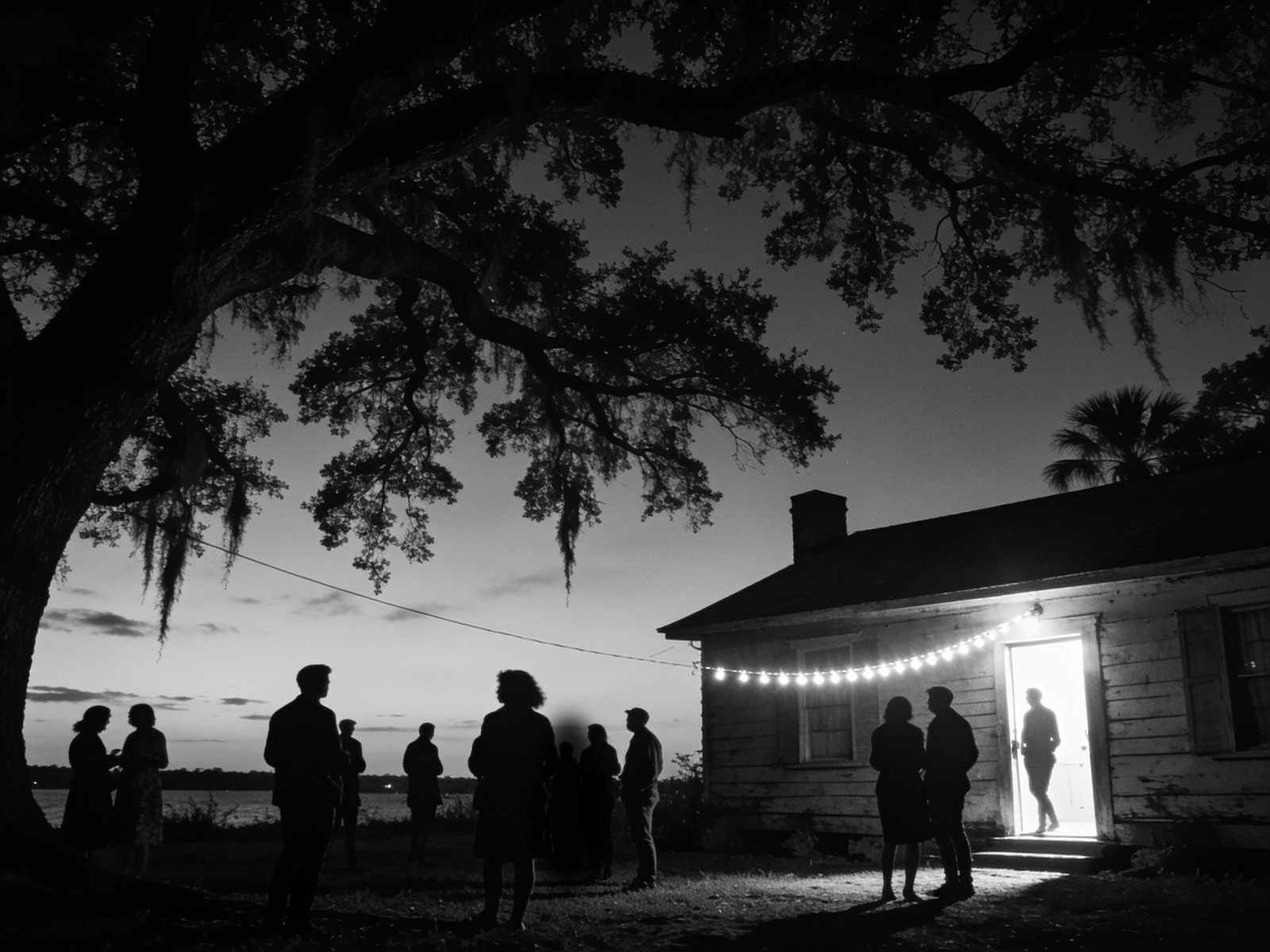 People gathered under the trees at dusk
